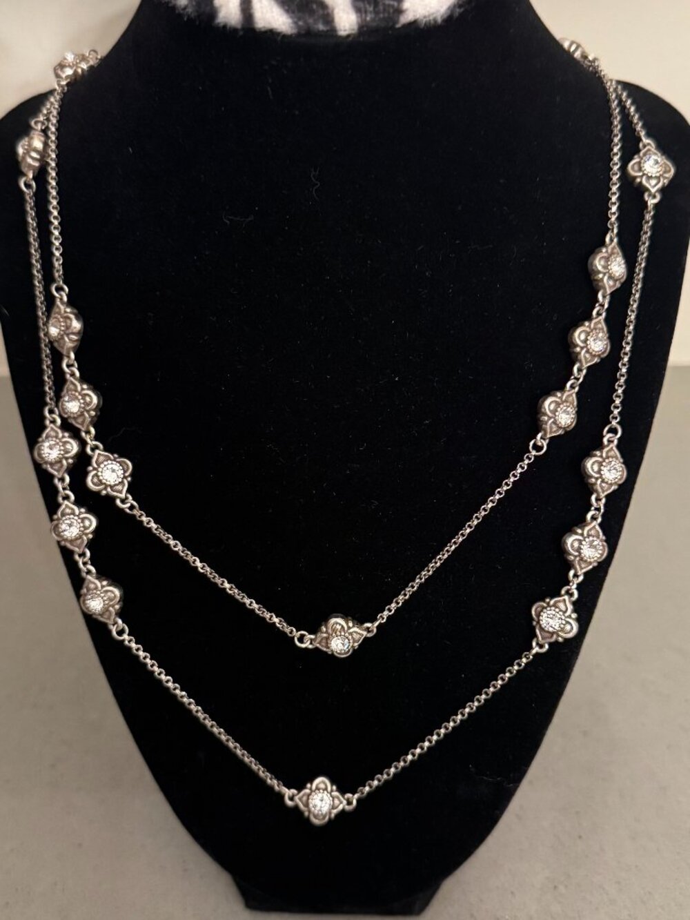 Brighton silver-tone long necklace with crystals in the center of the design